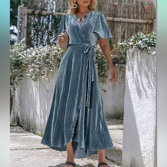 Elegant Simplee Plus, Steel Blue Ribbed Velour High Low Wrap Dress. Short Sleeve - Picture 1 of 16